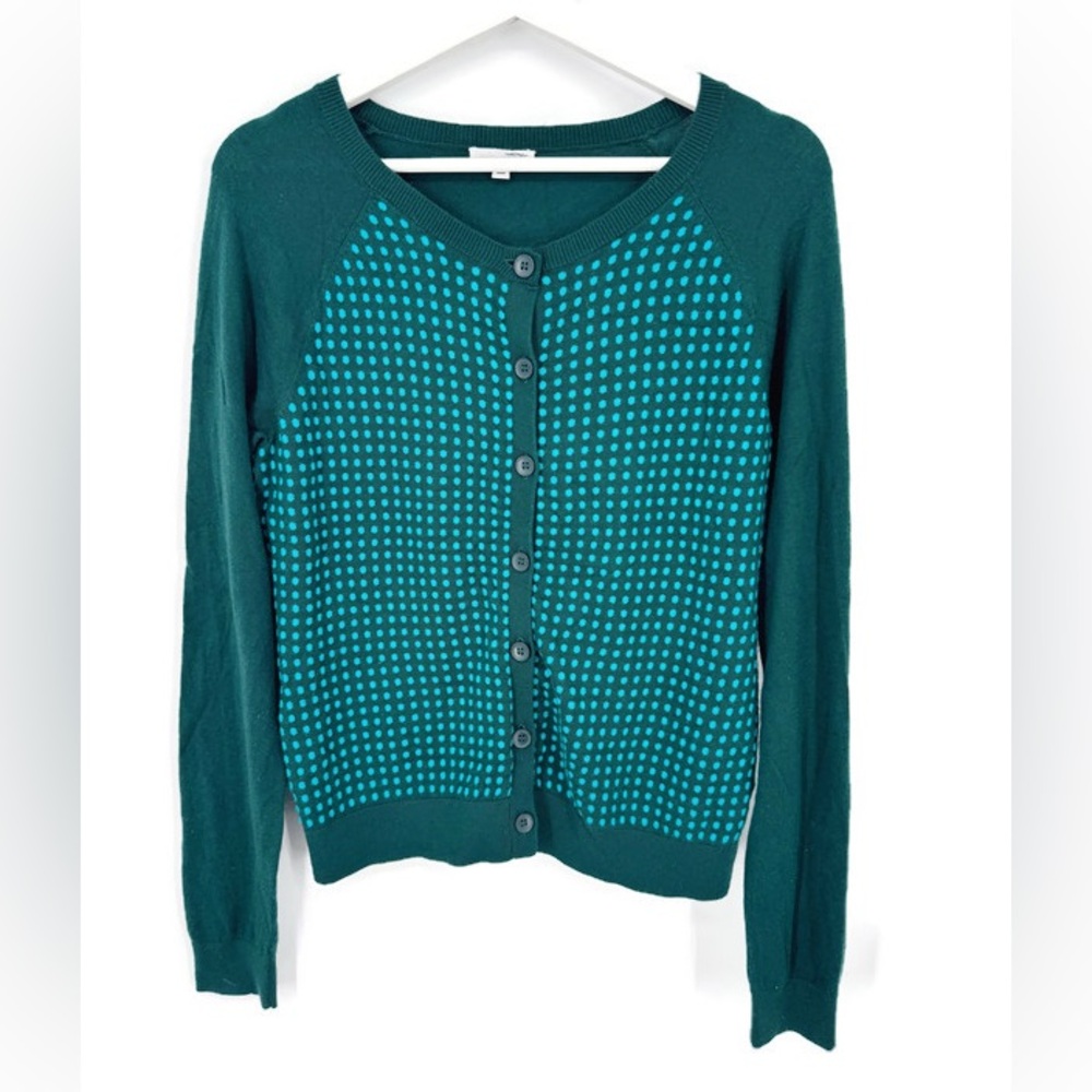 Halogen Teal Polka Dot Knit Cardigan Sweater Cashmere Blend‎ Size L